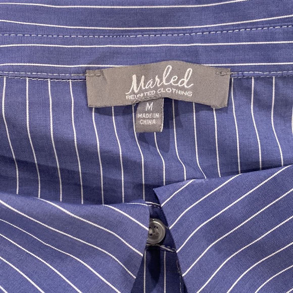 Blue and white pinstripe off the shoulder button down blouse - Picture 2 of 2